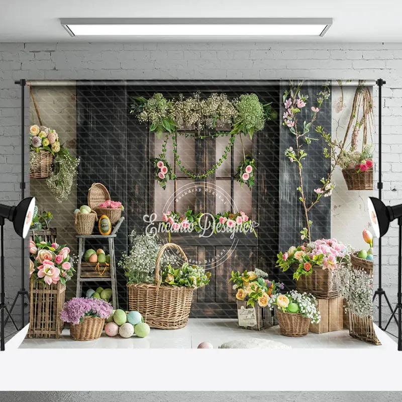 Vintage Black Wooden Door Floral Photo Backdrop - Aperturee