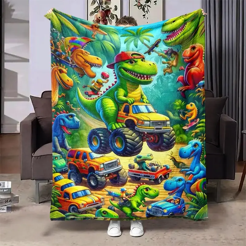 Cartoon Dinosaur Pattern Blanket, 1 Count Soft and Comfortable Air-conditioned Room Flannel Throw, Warm Nap Blanket for Home ...