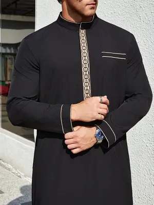 Men’s Muslim Thobe With Embroidered - Modest Long Sleeve Traditional Arab Robe | Elegant Islamic Wear for Eid & Daily Use