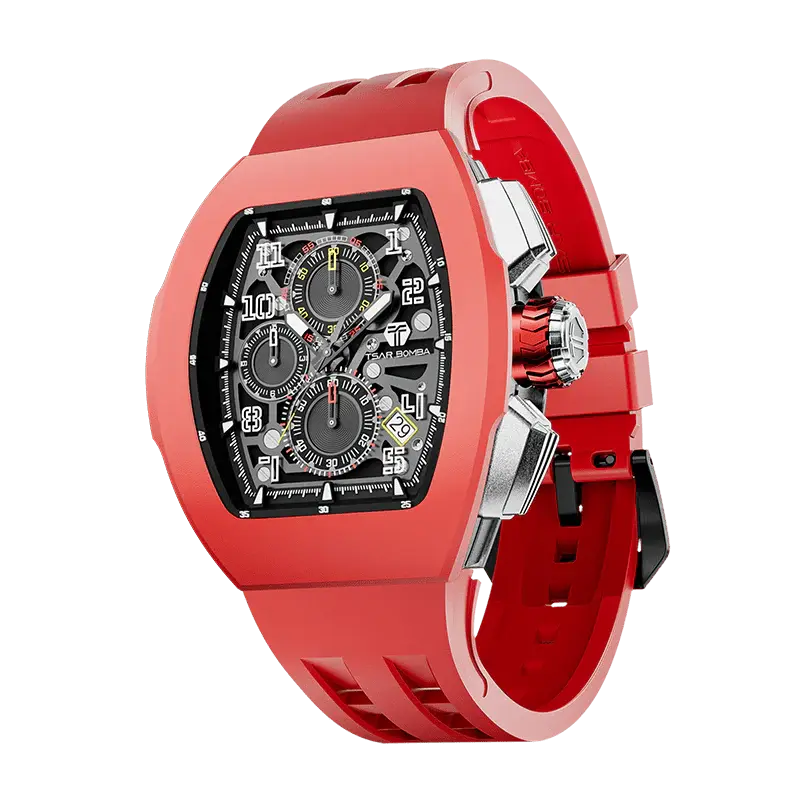 TSAR BOMBA Men's Quartz Watch | Red | Atomic TB8214 | Fluororubber Bezel | Luxury Sport Watch | 50M Waterproof Sapphire Glass...