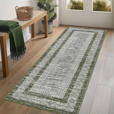 Garvee Bordered Green 2x6 Runner Modern Rug Soft Non Slip Runner Washable Non Shedding Floor Carpet, Distressed Geometric Hal...