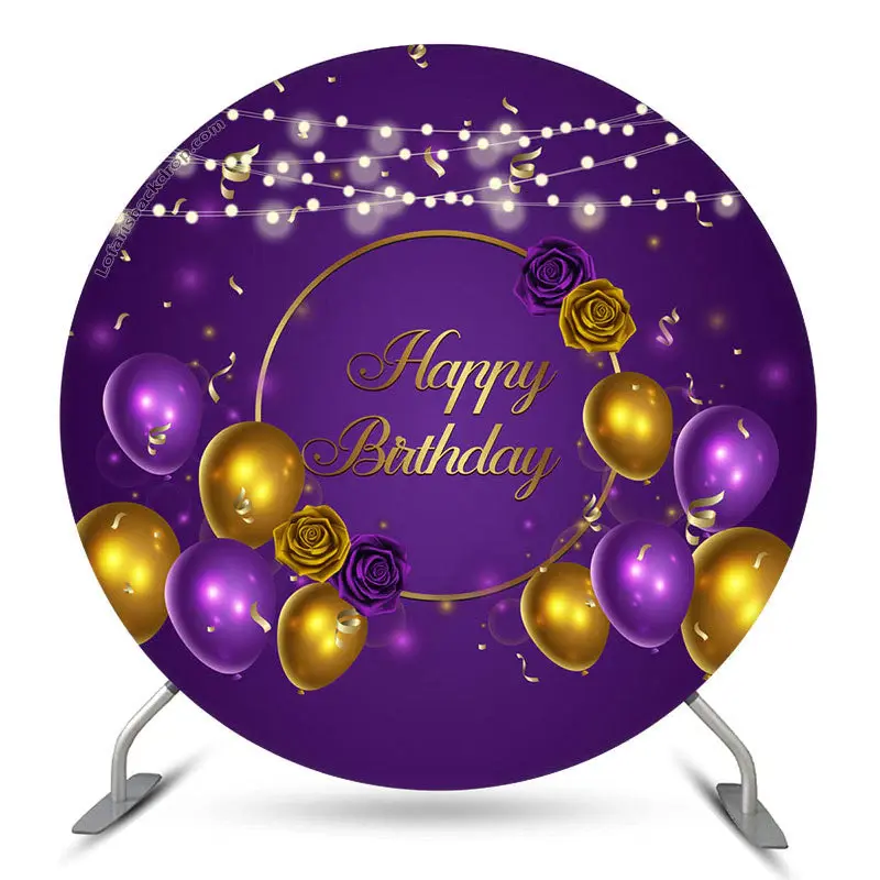 Aperturee Purple Gold Balloon Happy Birthday Round Backdrop | Round Birthday Backdrop Cover | Custom Round Backdrop | Circle ...