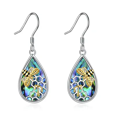 Sterling Silver Two-tone Abalone Shellfish Bee Drop Earrings