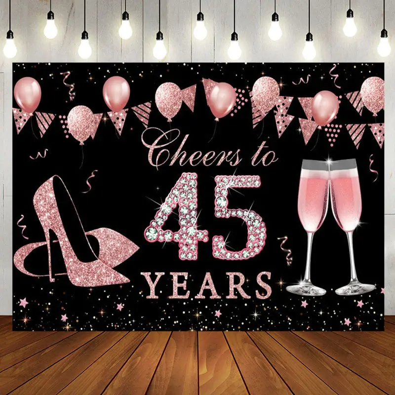 Black Rose Gold Cheers To 45th Birthday Backdrop - Aperturee