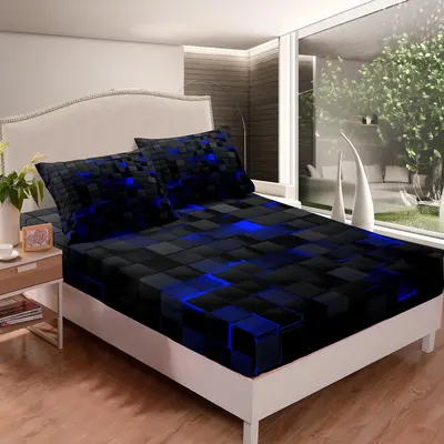 Cool Bedroom Bedding Sets, 1 Count Modern Honeycomb Plaid Print Fitted Sheet & 2 Counts Pillowcase Set, Soft Comfortable Bedd...