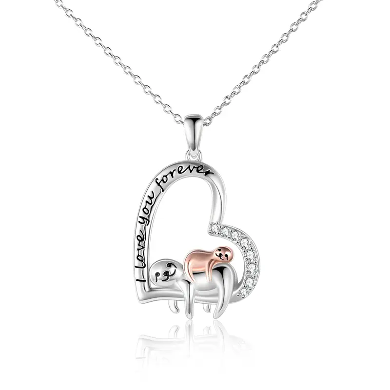 Sterling Silver Two-tone Circular Shaped Cubic Zirconia Sloth & Heart Pendant Necklace with Engraved Word