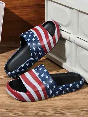 Men's Casual Colorblock Star & Stripe Pattern Slides, Trendy Soft Flag Pattern Non-slip Slippers, Comfortable Slides for Indo...