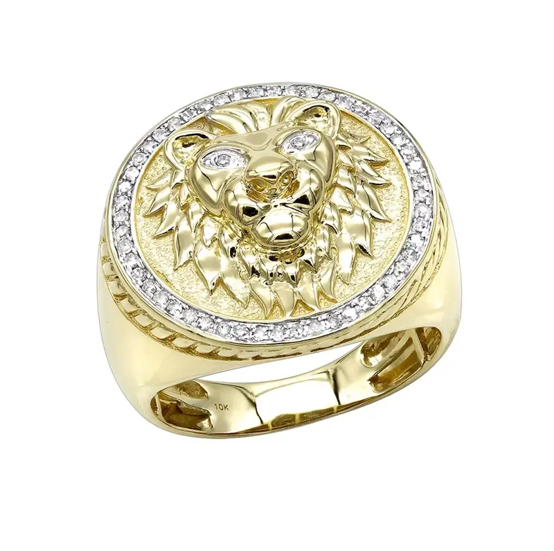 10K Gold 0.3 CT.T.W. Round Cut Diamond Lion Signet Ring for Men