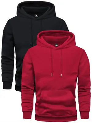 Men's Solid Drawstring Hoodie, Casual Regular Fit Pocket Hooded Sweatshirts for Spring & Fall, Men's Top for Daily Wear, Me...