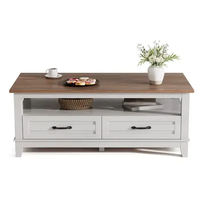 Garvee Farmhouse Coffee Table with Drawers, 47.2 Center Table Rustic Coffee Tables White Brown Living Room Table, with Open ...