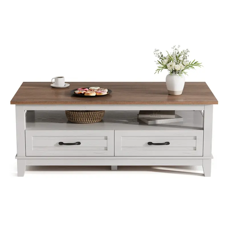 Garvee Farmhouse Coffee Table with Drawers, 47.2 Center Table Rustic Coffee Tables White Brown Living Room Table, with Open ...