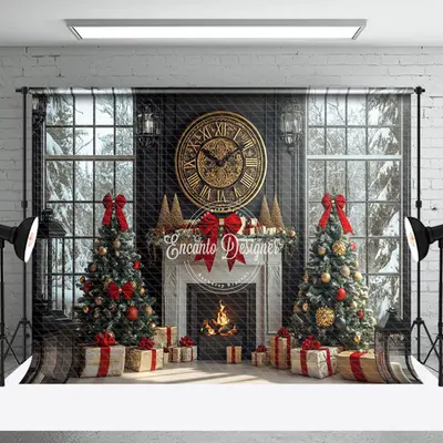 Aperturee Tree Gifts Retro Clock Fireplace Christmas Backdrop | Christmas Backgrounds Fireplace | Xmas Backdrop | Christmas P...