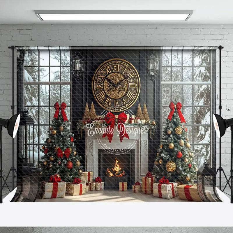 Aperturee Tree Gifts Retro Clock Fireplace Christmas Backdrop | Christmas Backgrounds Fireplace | Xmas Backdrop | Christmas P...
