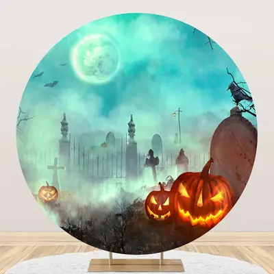 Round Foggy Moon Night Cemetery Halloween Backdrop