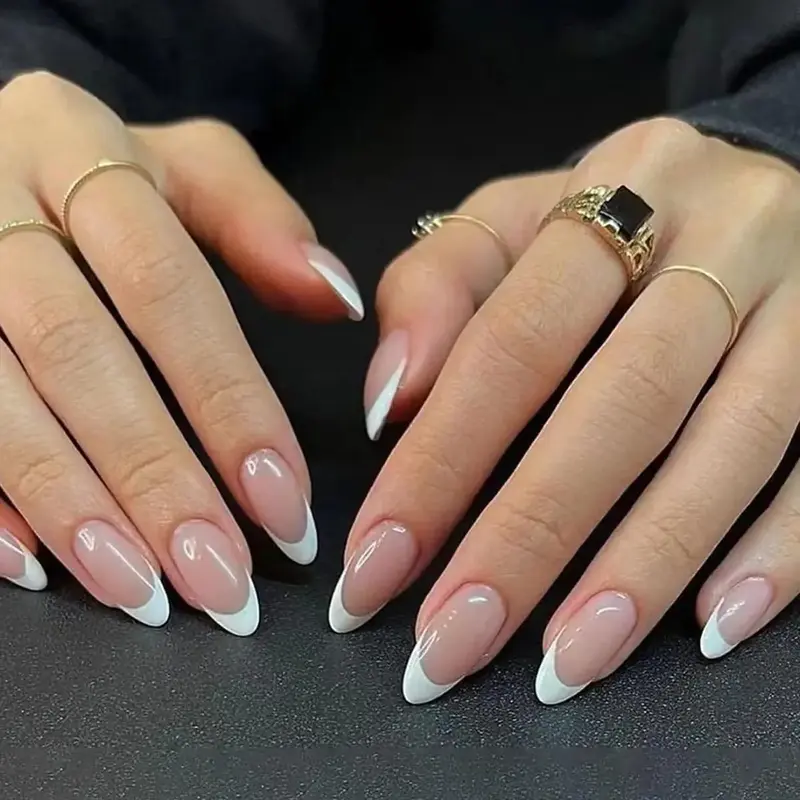 24pcs/set Glossy Press On Nails with 1 Nail File and 1 Sticker Sheet, French Style Long Almond Fake Nails for DIY Nail Art