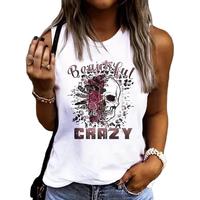 Women's Summer Skeleton Flower Print Large Casual Sleeveless Loose Tank  T-shirt  Streetwear Vest Off Should