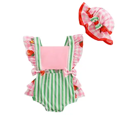 Baby Girls Rompers Strawberry Print Stripe Fly Sleeve Ruffles Jumpsuits Summer Clothes Bodysuits with Hat 0-18M Striped