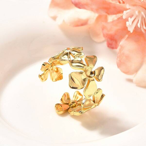 Flower 201 Stainless Steel Open Cuff Ring for Women
