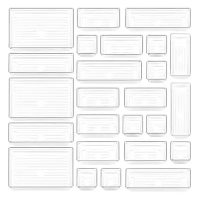 25 Pcs Drawer Organizer Storage Trays For Makeup, Kitchen, Bedroom, Office, Desk, Versatile Plastic Clear Drawer Organizer. B...