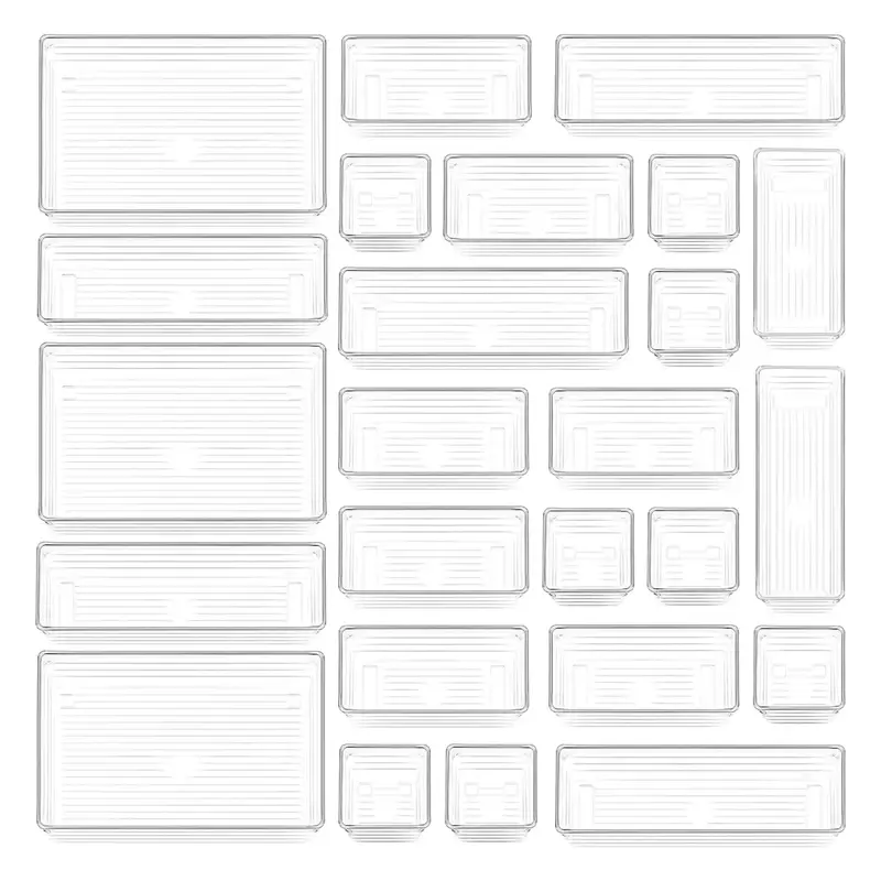 25 Pcs Drawer Organizer Storage Trays For Makeup, Kitchen, Bedroom, Office, Desk, Versatile Plastic Clear Drawer Organizer. B...