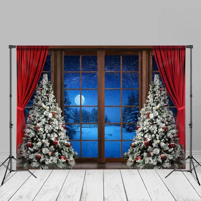 Winter Night Christmas Tree Window Curtain Backdrop - Aperturee