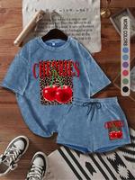 Two-piece Set Women's Cherry Print Tee & Leopard Print Shorts, Casual Short Sleeve T-shirt & Shorts, Ladies Summer Clothes fo...