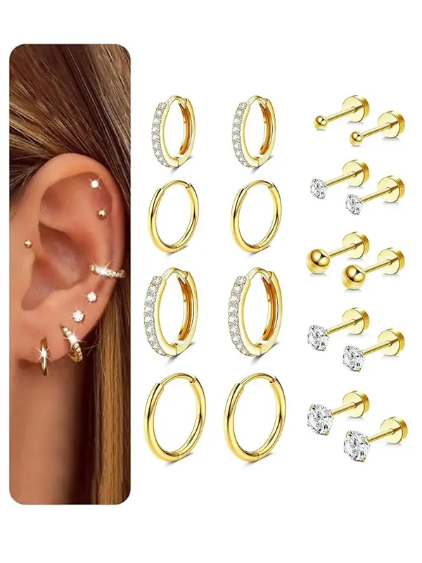 9 pairs of women's earrings, 316L medical steel earrings set 14K gold hoop earrings ear studs hypoallergenic cartilage earrin...