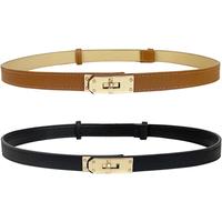 2 Pack Skinny Belts for Women Dresses Turn-Lock Gold Buckle Adjustable Fashion Waist Belt Pants Jeans Business Casual
