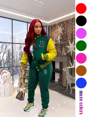 Classic Embroidered Baseball Jacket Two-Piece Set, Casual Outdoor Sports for Fall and Winter, Loose-Fitting Cardigan Ensemble