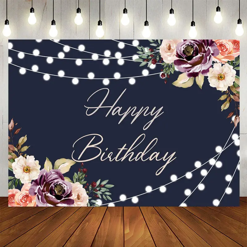 Aperturee Black Floral Glitter Lights Birthday Backdrop