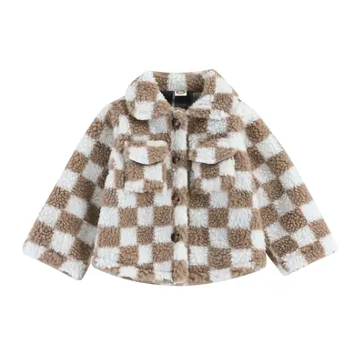 Toddler Baby Boy Girl Fleece Lapel Plaid Button Down Jacket Coat Fuzzy Shacket Warm Outwear