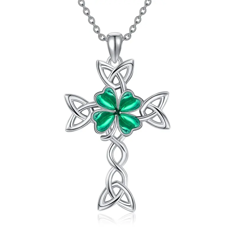Sterling Silver Four Leaf Clover & Celtic Knot & Cross Pendant Necklace