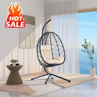 Hanging Egg Chair with Stand - 350lbs Capacity, Indoor/Outdoor Wicker Rattan Design with Grey Cushions - Perfect for Bedroom,...