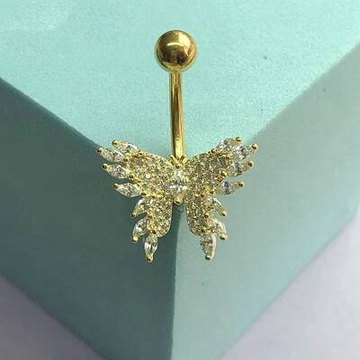 Brass Pave Clear Cubic Zirconia Curved Barbell Butterfly Belly Rings