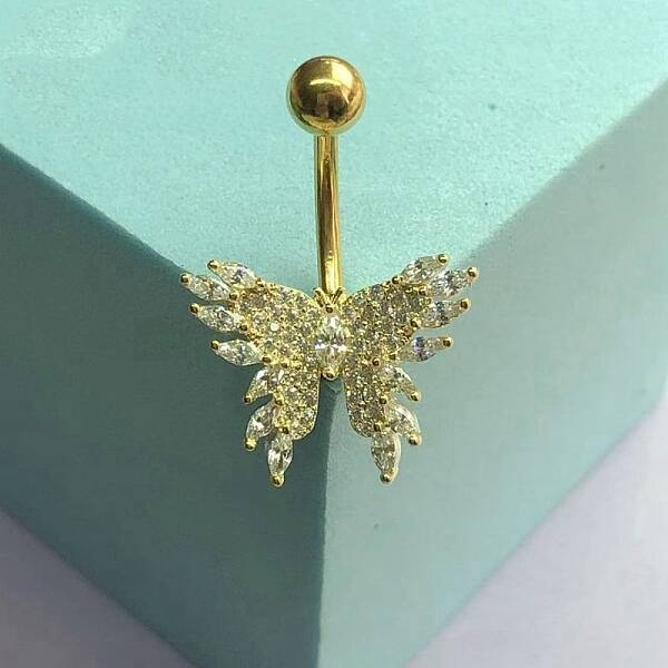Brass Pave Clear Cubic Zirconia Curved Barbell Butterfly Belly Rings