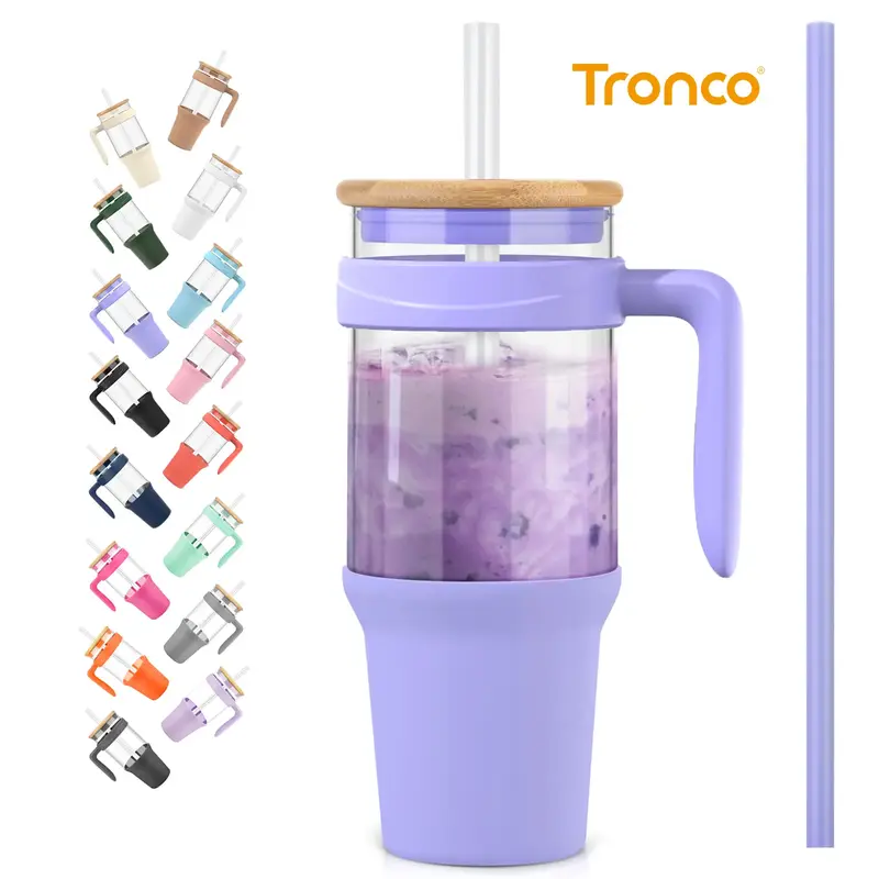 Tronco 40 oz Glass Cups with Lids and Straws, Reusable Glass Tumbler with handle, Iced Coffee Cup with Bamboo Lid, Glass Wate...