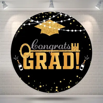 Aperturee Gold Mortarboard Lights Circle Grad Backdrop | Custom Grad Backdrop | Grad Backdrop Banner | Grad Backdrops For Pho...