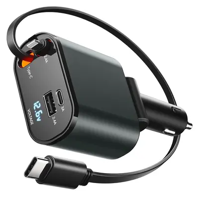 4-in-1 Retractable Car Charger, 60W Fast USB C Charging Adapter with Lightning Cable & Dual Ports for iPhone, iPad, AirPods, ...