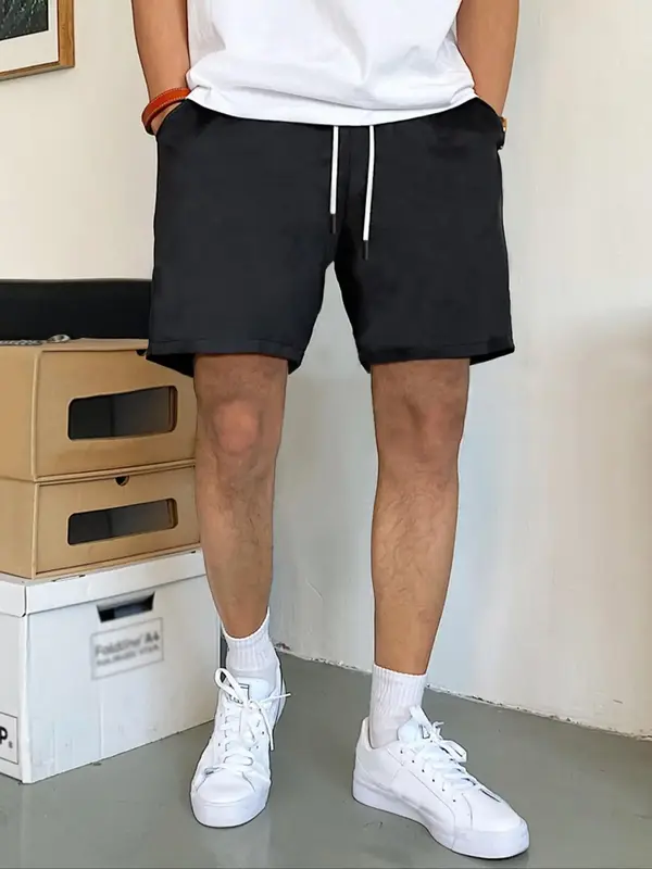 Men's Grommet Eyelet Drawstring Waist Shorts, Regular Fit Casual Plain Pocket Shorts, Back To School Outfits, Fashion Men'...