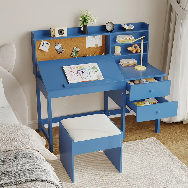 Garvee Wood Kids Study Table and Chair Set with Adjustable Tilt Desktop, Drawers and Cork Board for Ages 3-10, Blue