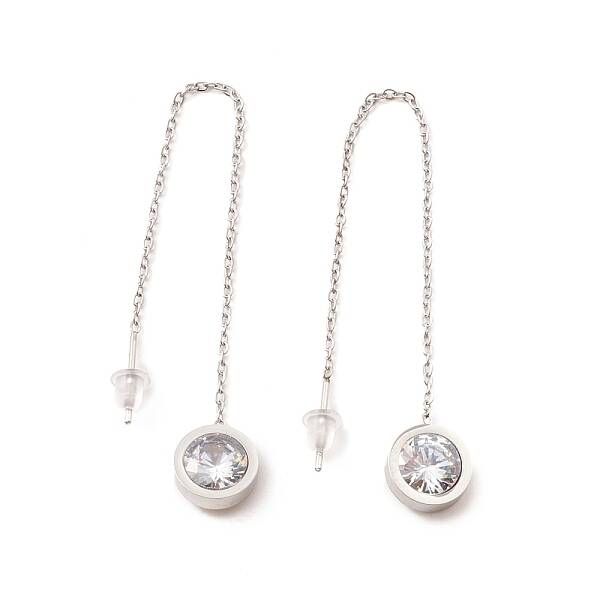 Crystal Rhinestone Flat Round Long Dangle Stud Earrings
