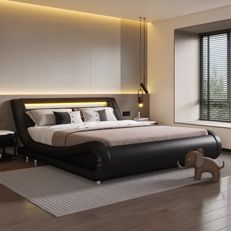 SHA CERLIN Deluxe Upholstered LED Bed Frame, Full/Queen/King/【Frame Only No Mattress】Adjustable Headboard/Low-Profile Sle...