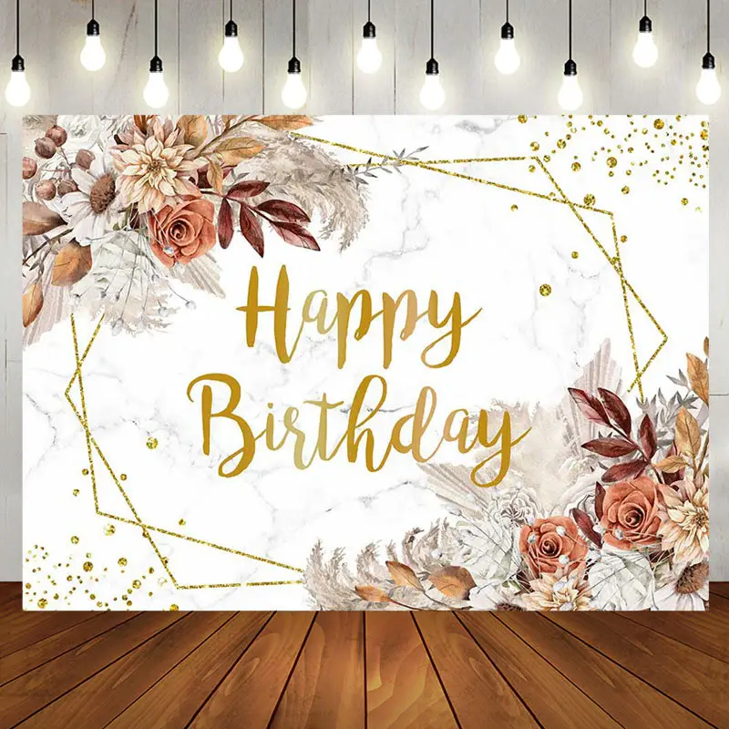 Brown Floral Boho Marble Texture Birthday Backdrop
