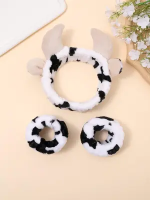 2024 Summer Cute Cow Print Stuff Plush Hair Band & Wristband, Casual Fashion Matching Hair Accessories for Women for Makeup, ...