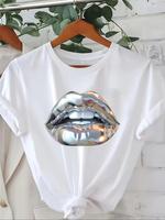 Women's Lip Print Round Neck Tee, Fashion Casual Crew Neck T-Shirt for Daily Holiday Vacation Outdoor Wear, Ladies Clothes fo...