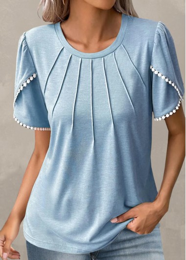 Modlily Light Blue Patchwork Short Sleeve T Shirt - M