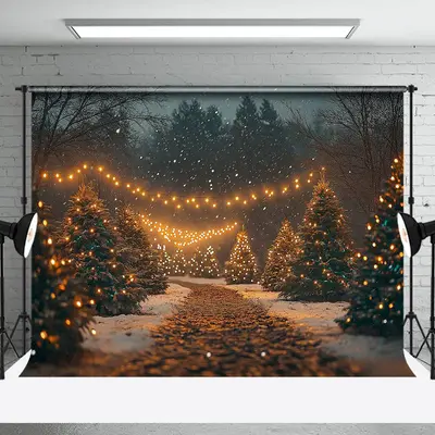 Night Warm Light Pine Tree Path Christmas Backdrop - Aperturee