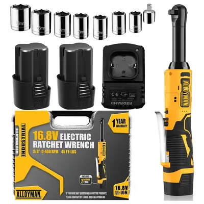 Alloyman 16.8V Extended Cordless Ratchet Wrench,400 RPM 3/8 '' Electric Ratchet Wrench Kit Variable Speed Trigger 2-Pack 2.0A...
