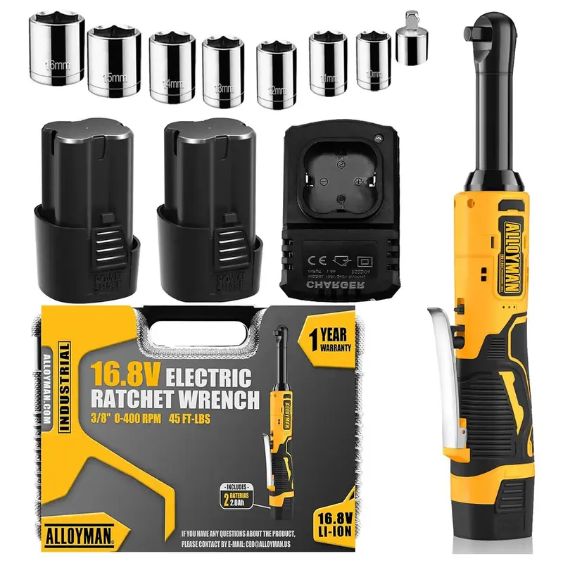 Alloyman 16.8V Extended Cordless Ratchet Wrench,400 RPM 3/8 '' Electric Ratchet Wrench Kit Variable Speed Trigger 2-Pack 2.0A...