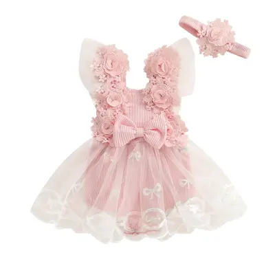 Baby Girls Rompers Dress Flower Embroidery Sequins Bow Tulle Skirt Hem Jumpsuits Summer Bodysuits with Headband